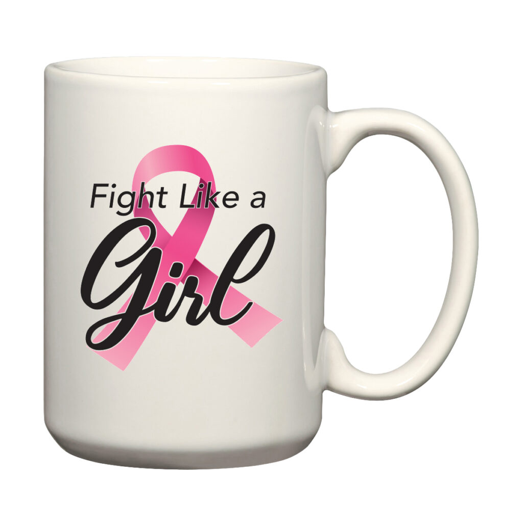 White ceramic mug with a pink ribbon and 'Fight Like a Girl' text.
