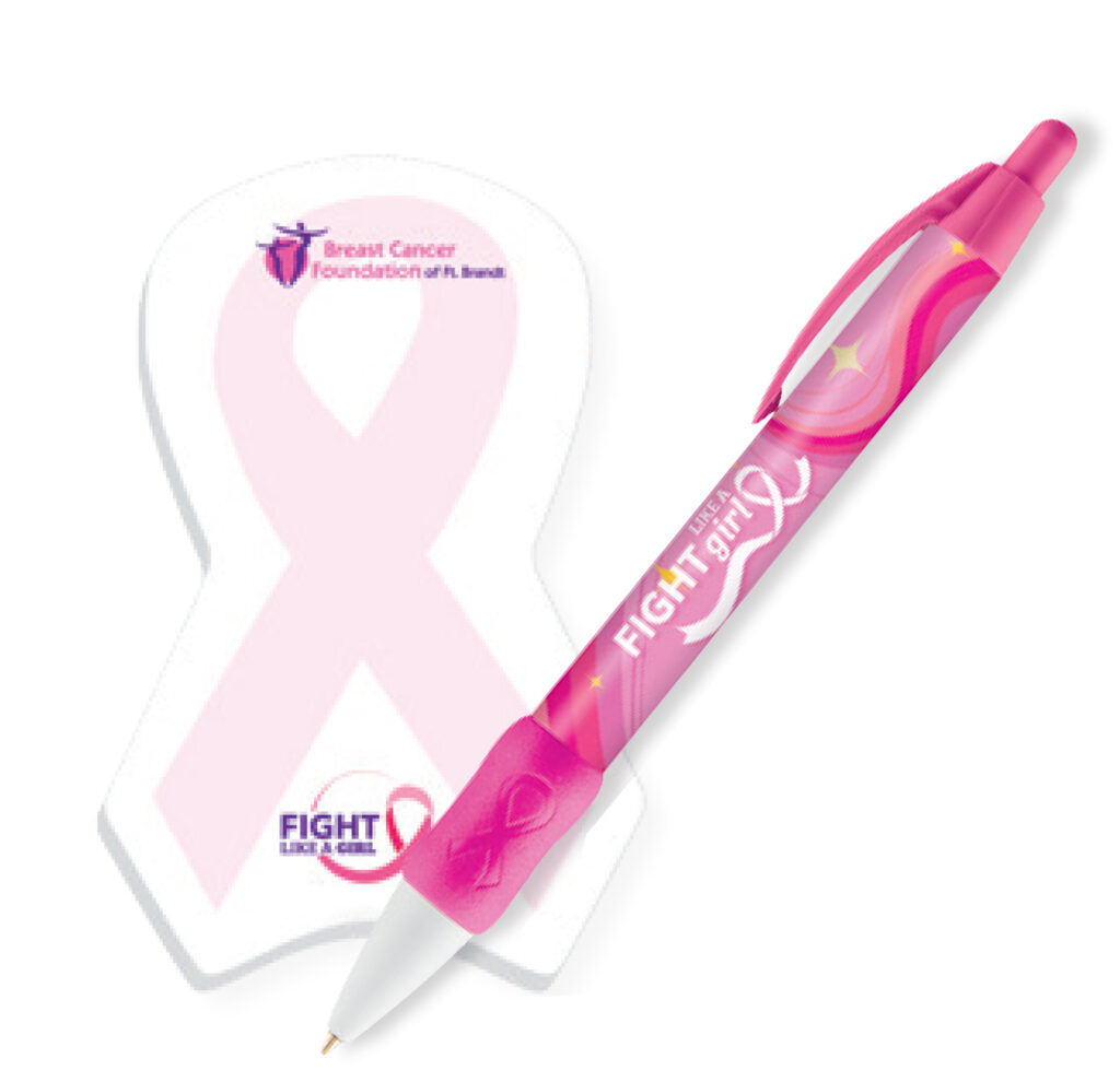 Pink pen with 'FIGHT like a girl' text placed on a ribbon-shaped notepad with breast cancer awareness branding.