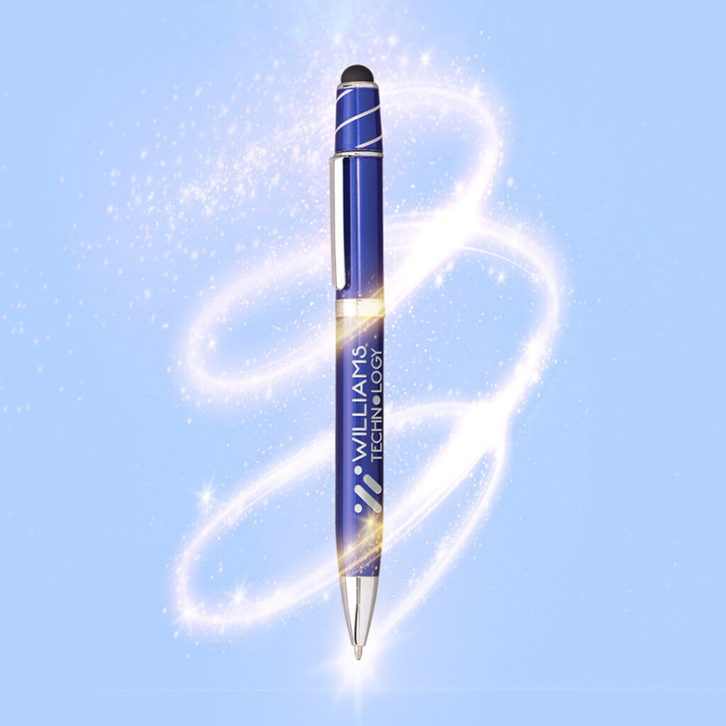 Blue stylus pen with silver accents and Williams Technology logo, surrounded by glowing light swirl on a blue background.