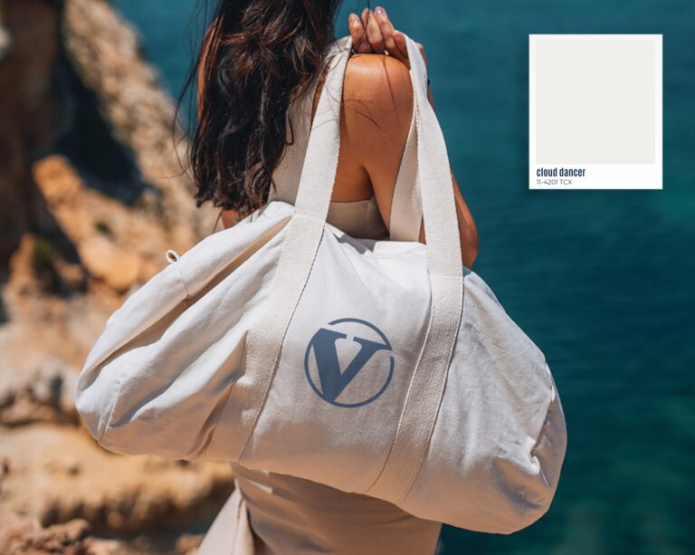Person holding a large off-white duffel bag with a bold “V” logo near a rocky coastline and blue water.
