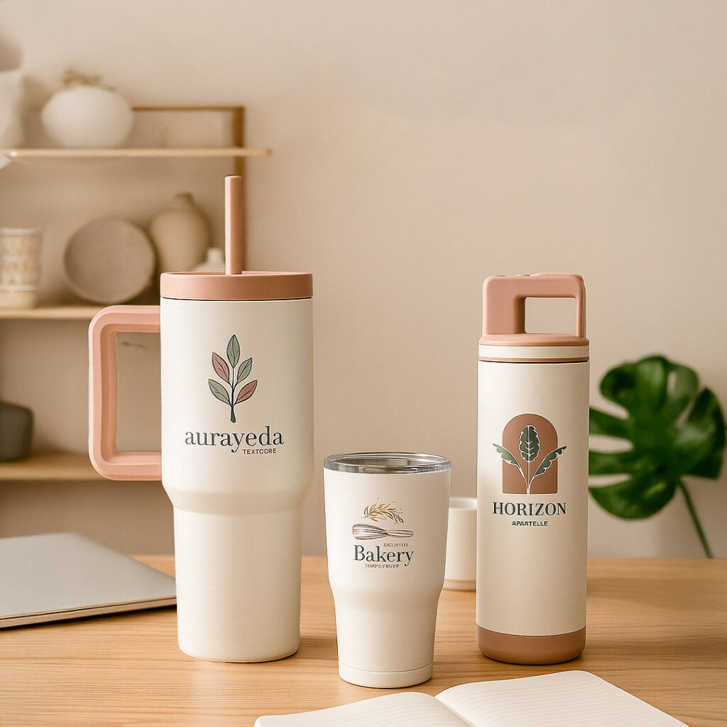 Three branded drink tumblers in soft neutral colors displayed on a wooden desk in a cozy workspace, with shelves and plants in the background.