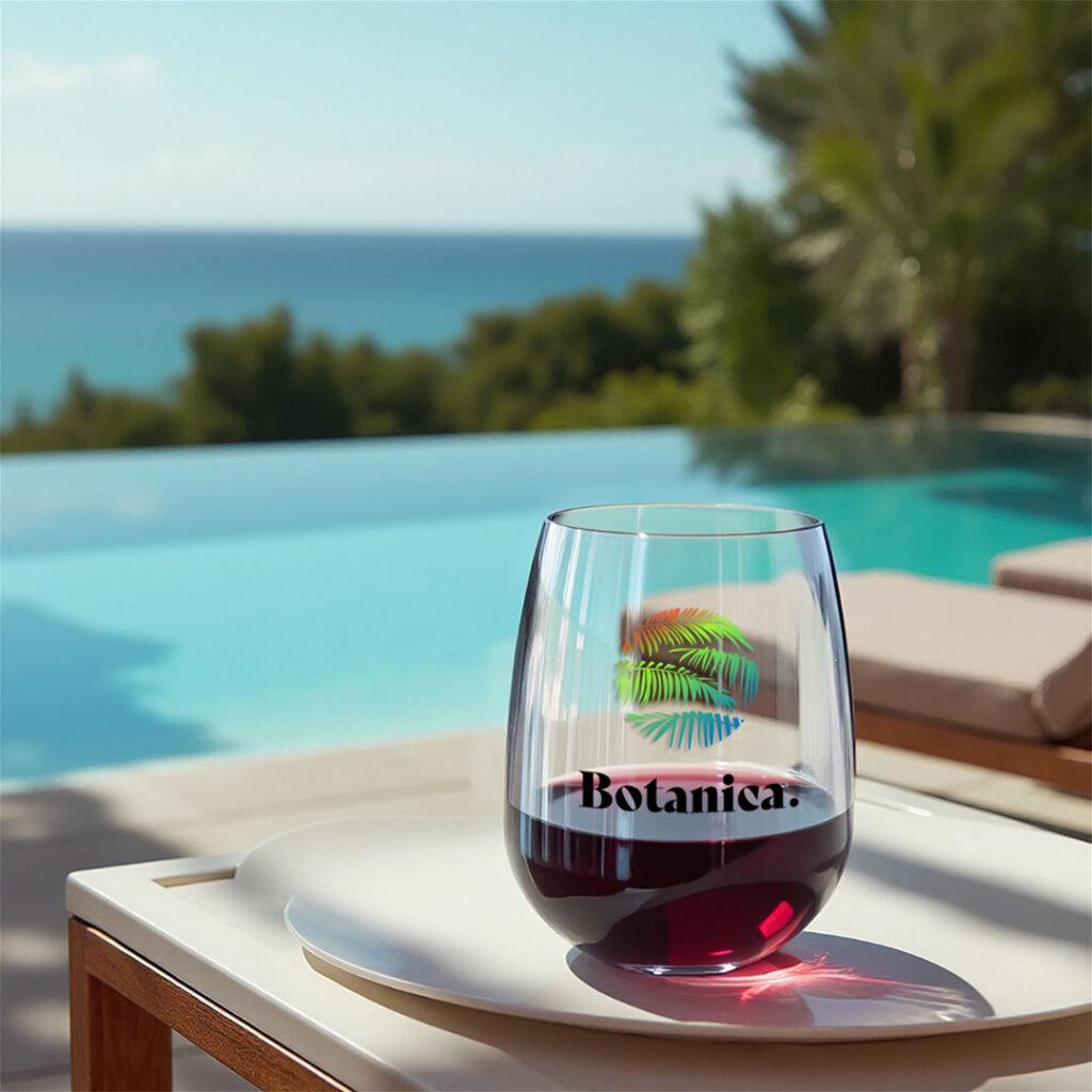 A glass of red wine labeled “Botanica” on a white tray beside a pool, with palm trees and a blue ocean in the background.