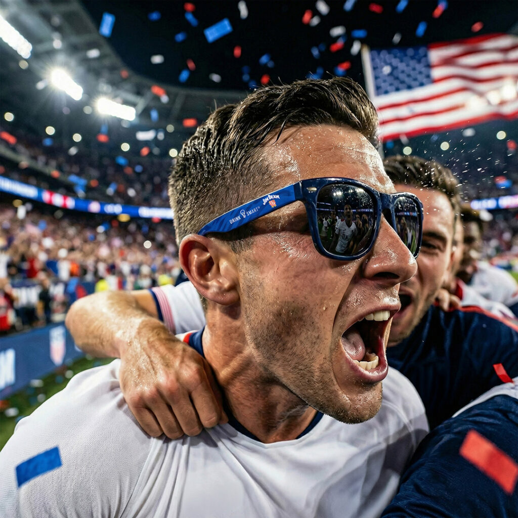 Person wearing sunglasses and a white shirt in a crowded soccer stadium, with confetti in the air and a large U.S. flag in the background.