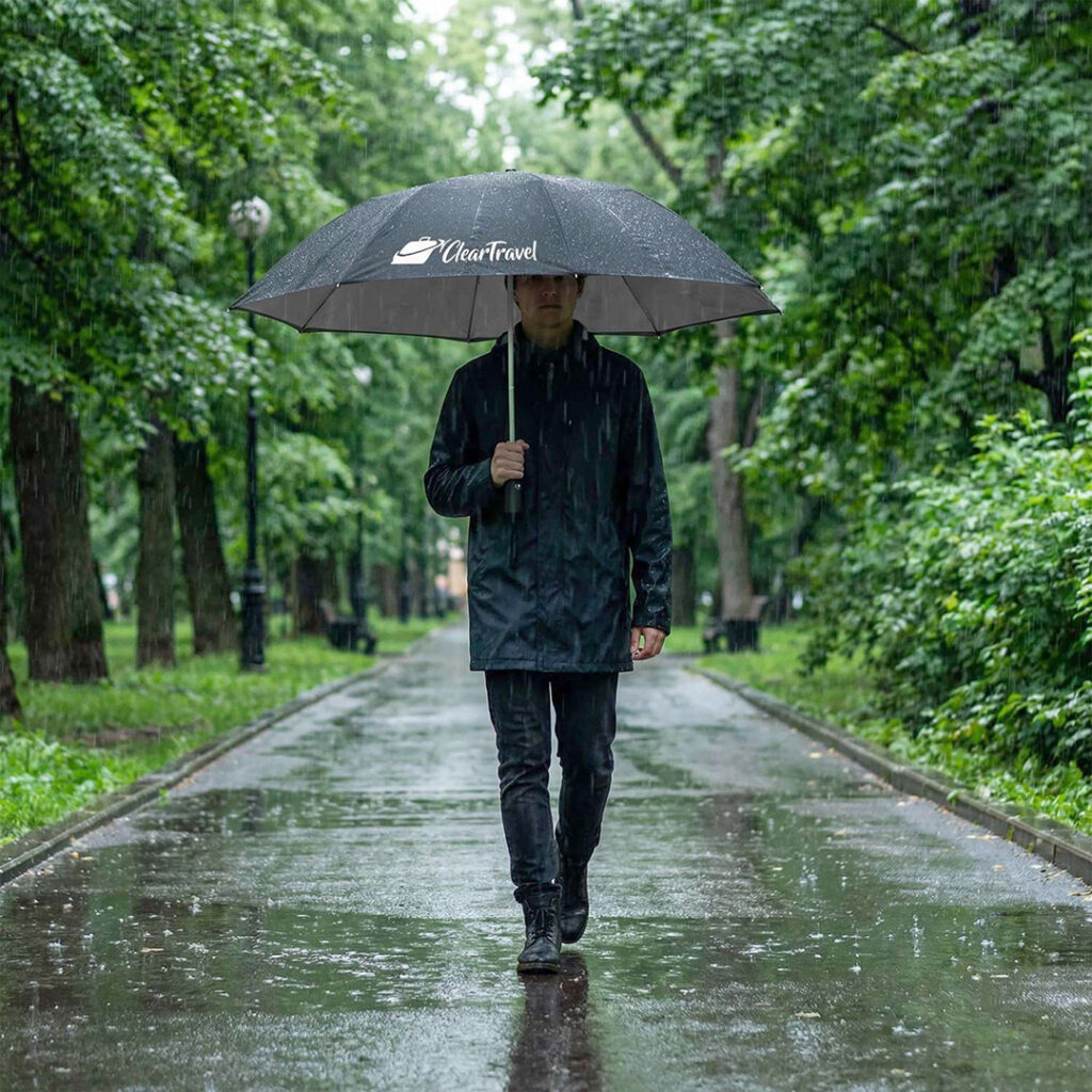 Custom printed promotional umbrella with logo in rainy outdoor setting