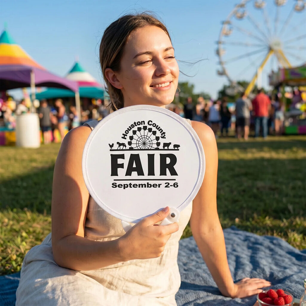 Person sitting on a blanket at an outdoor fair holding a white handheld fan printed with “Houston County Fair” with colorful tents and a Ferris wheel in the background.