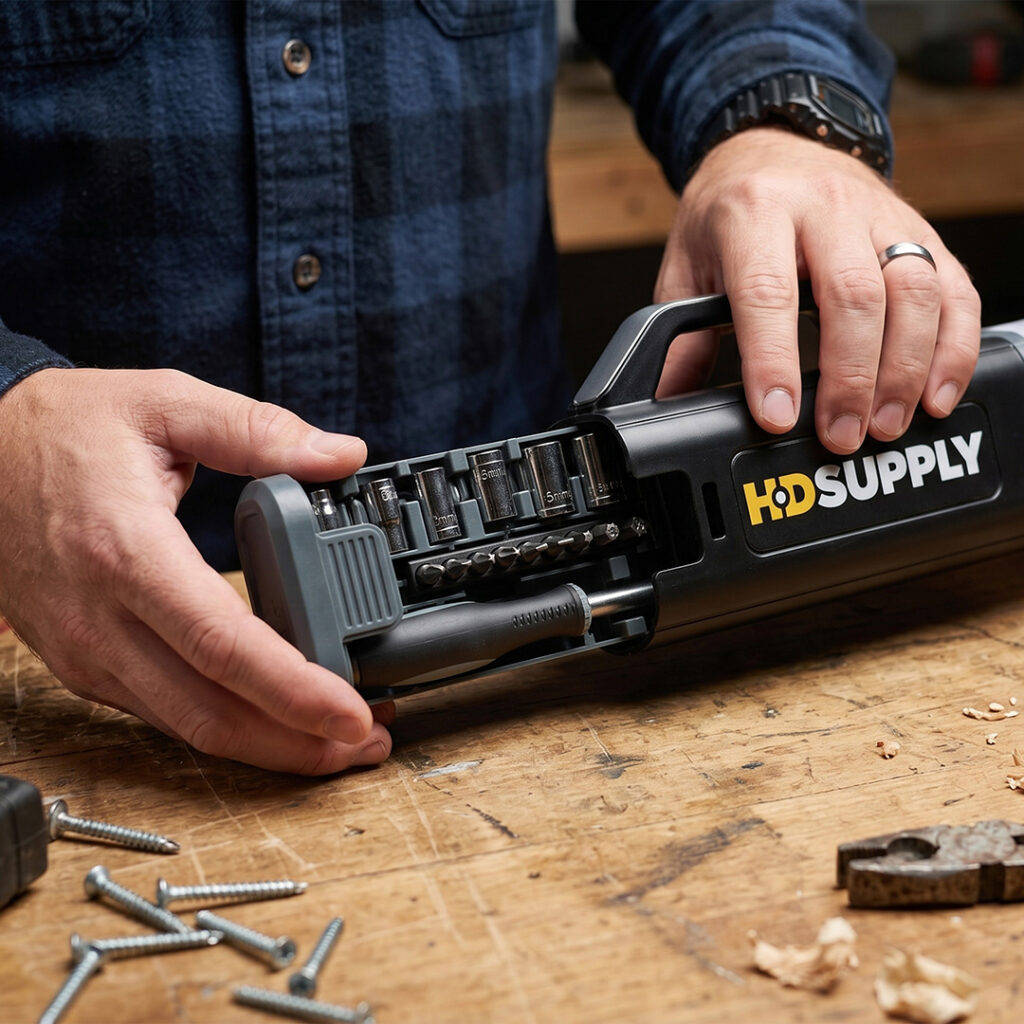 Branded compact screwdriver and socket set opened on a wooden workbench, featuring custom company logo and organized tool accessories.