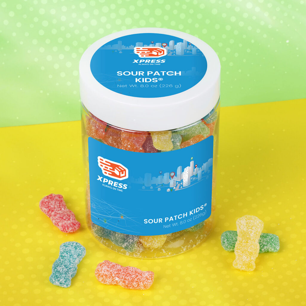 Branded container of sour gummy candies displayed as custom promotional merchandise, showcasing edible souvenirs and gift shop treats for visitors.