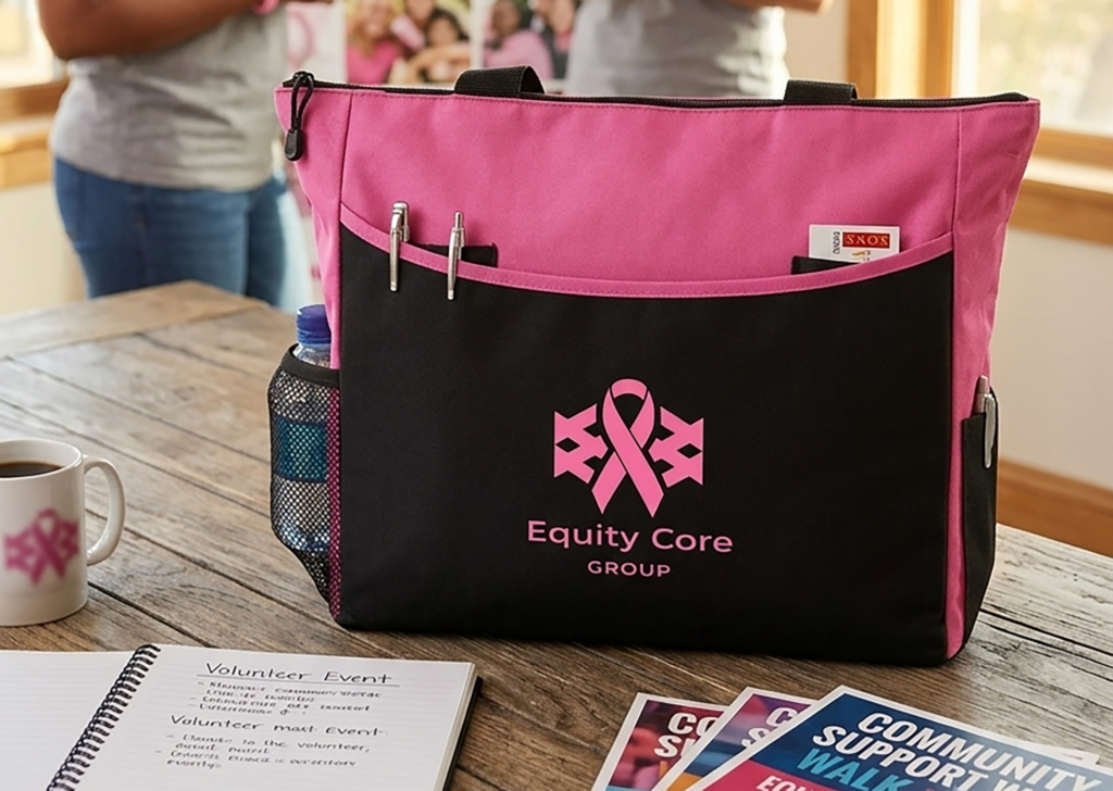 Breast cancer awareness tote bag with pink ribbon branding at a volunteer event table.