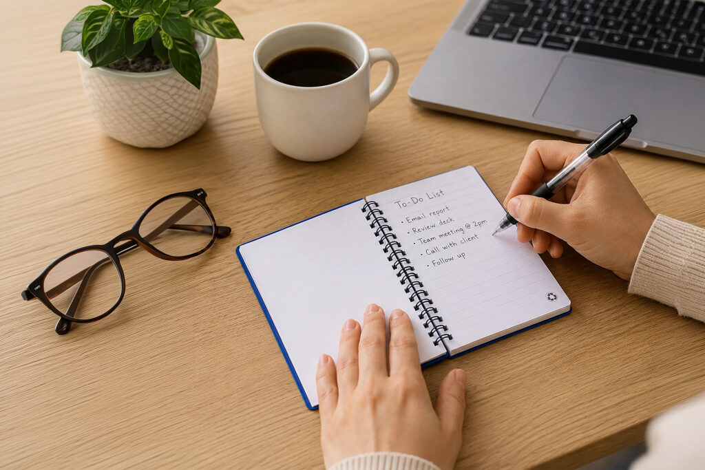 Person writing in a spiral notebook at a desk with a laptop, coffee mug, eyeglasses and potted plant nearby.