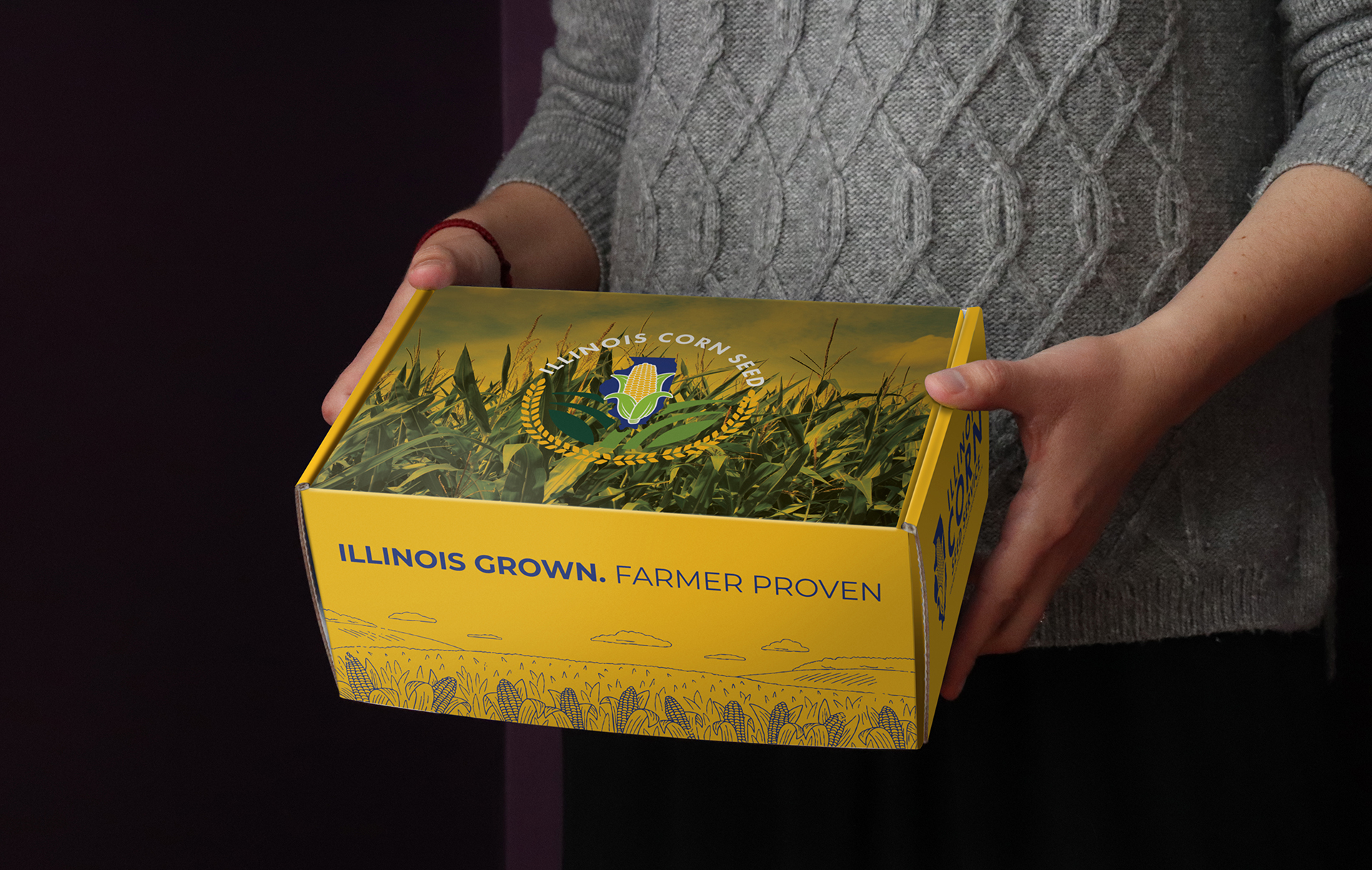 Custom-branded corrugated mailer box with full-color agricultural graphics and logo printing, demonstrating custom packaging designed to reinforce brand identity and product presentation.