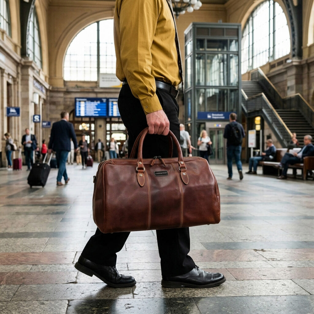 Traveler carrying a rich toffee-brown leather duffel bag through a transit station, showcasing a warm seasonless shade from the Autumn/Winter 2026 palette for premium branded merchandise and corporate gifting.