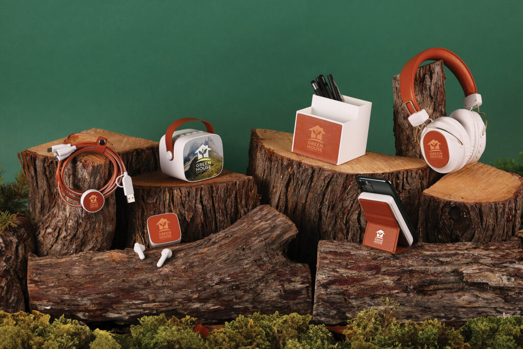 Coordinated branded tech accessories highlighting how promotional products can reinforce brand values through visual storytelling.